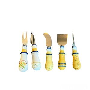5pc Floral Ceramic Handle Cheese Knife Set Mediterranean Style Charcuterie Tools